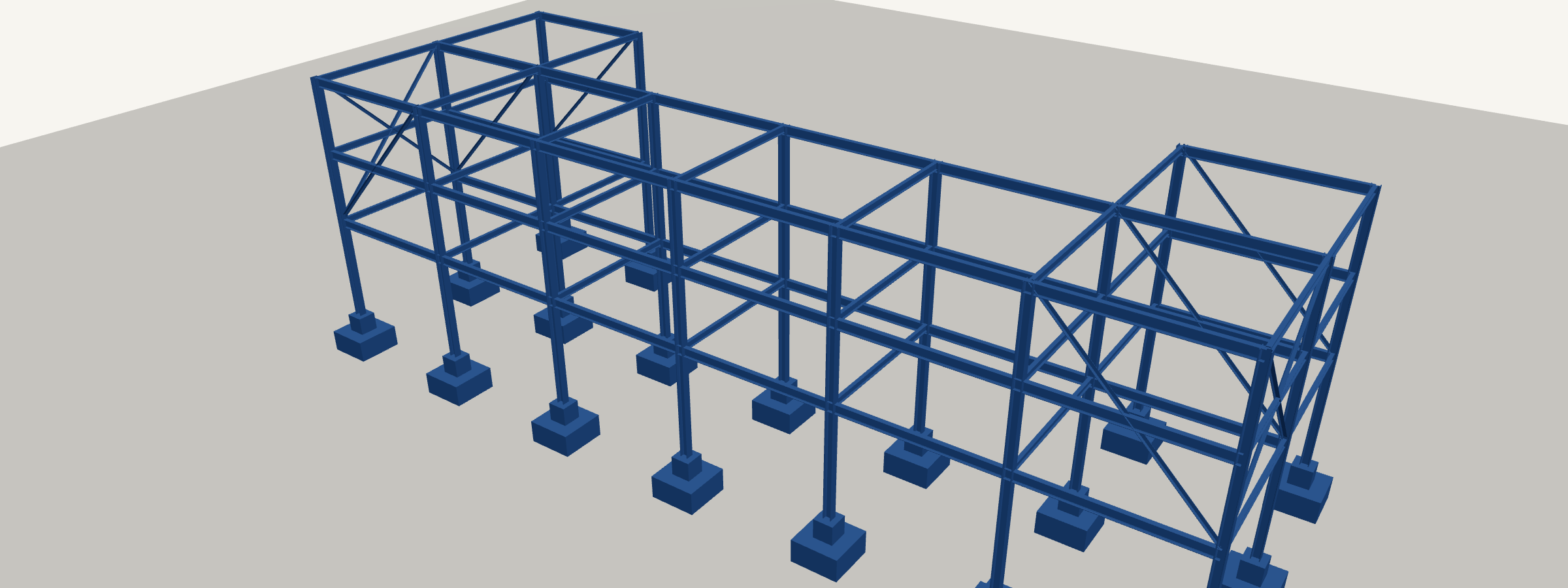 3D render of a C-shape steel piperack structure with multi-tier pipe supports