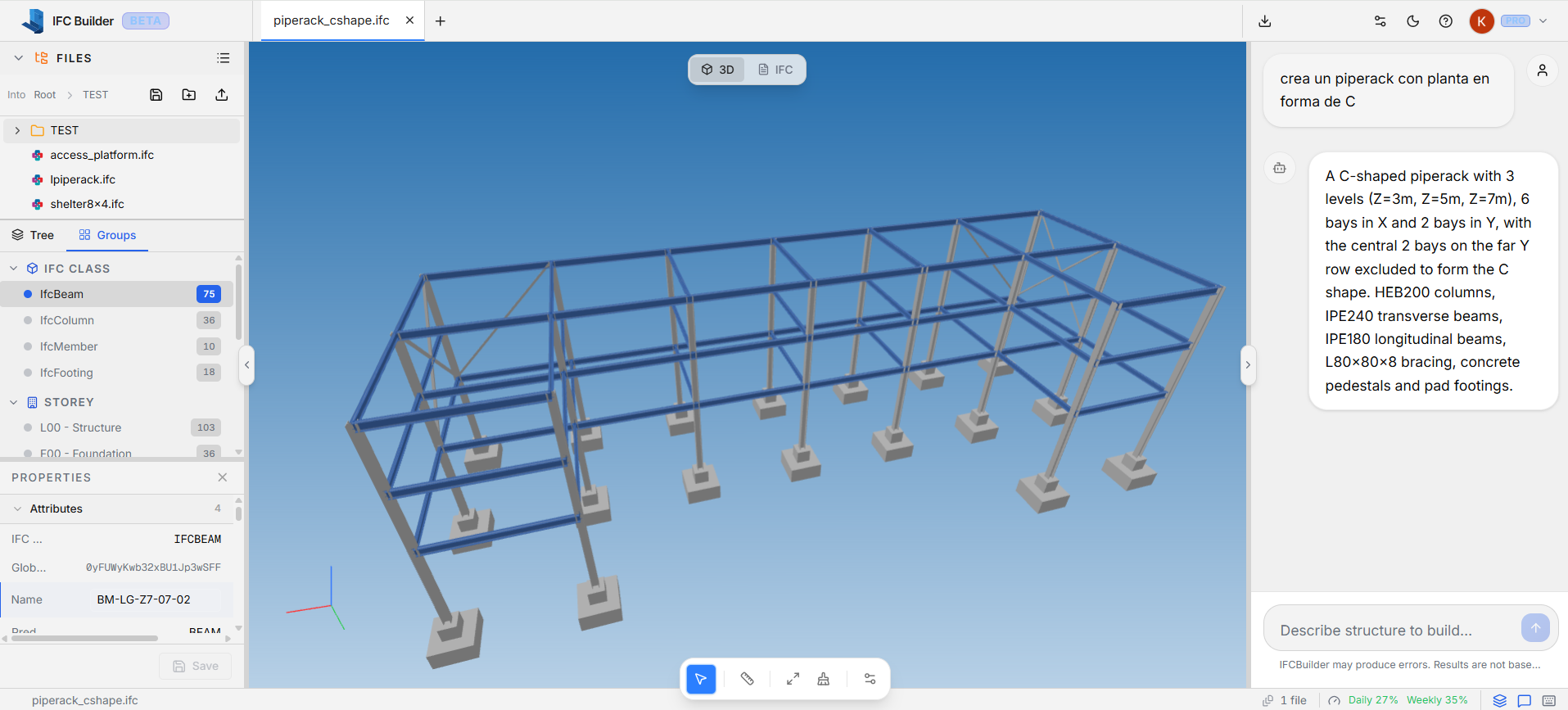 IFC Builder viewer showing the generated piperack IFC 4 model