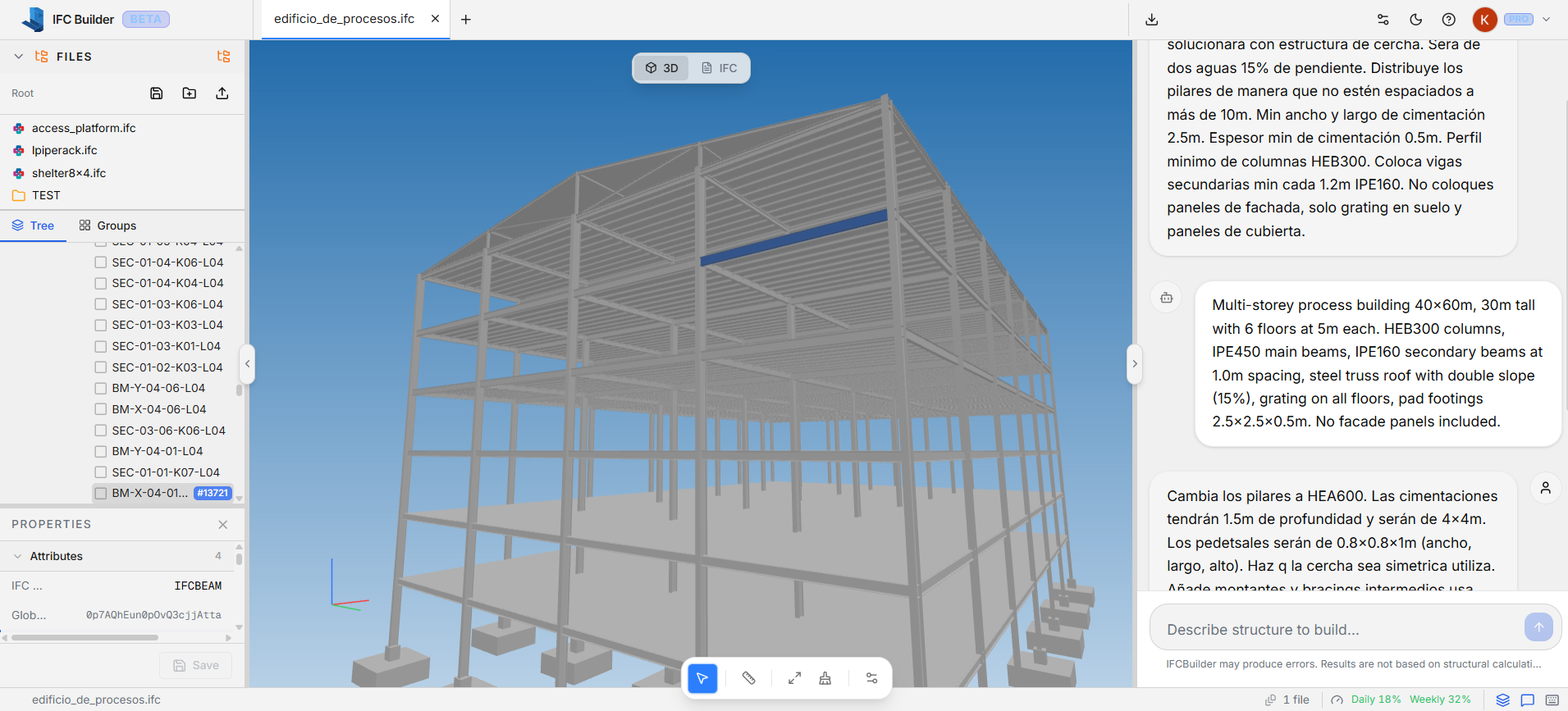 IFC Builder viewer showing the generated steel-frame industrial building